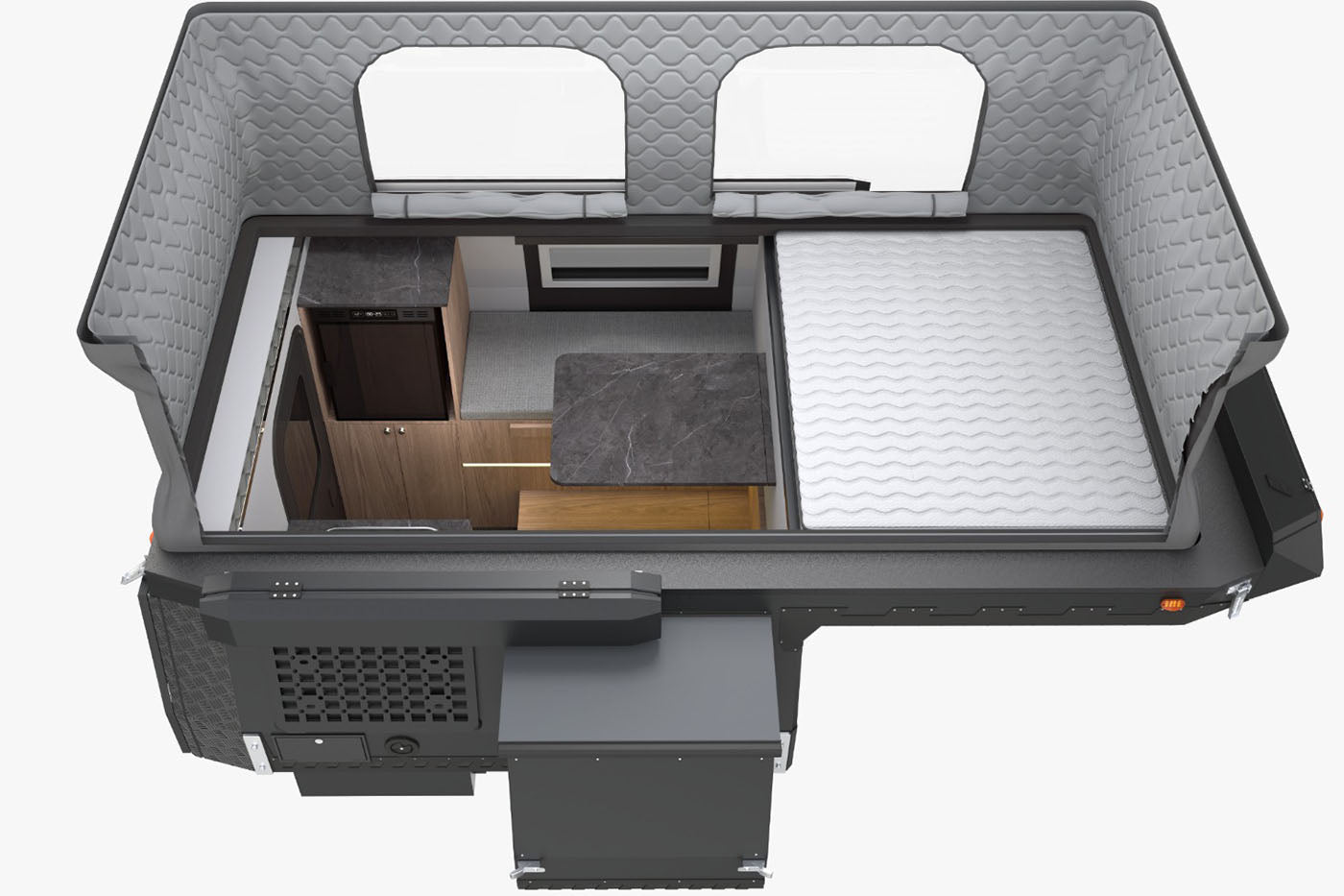 Overhead CAD render of the Apex camper interior layout